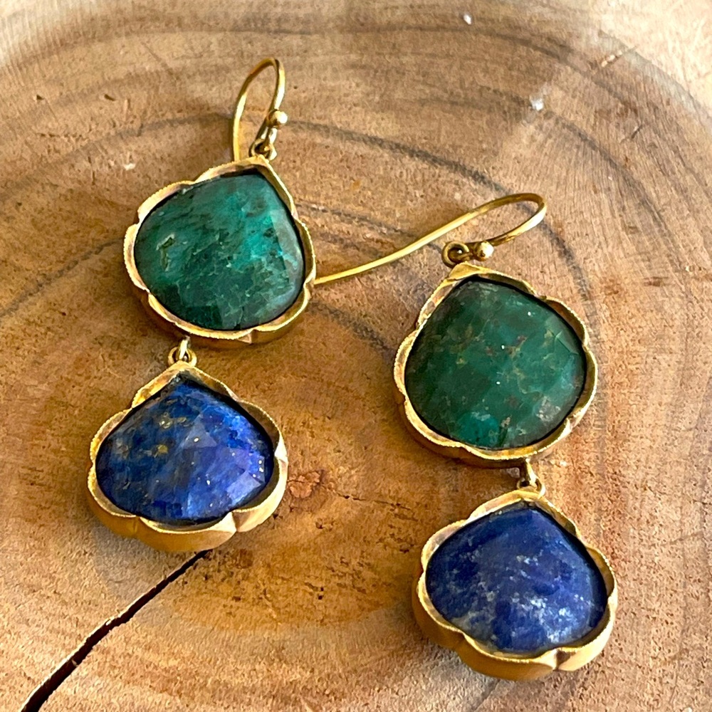 Genuine 14K gold Lapis and Green Onyx double drop earrings.